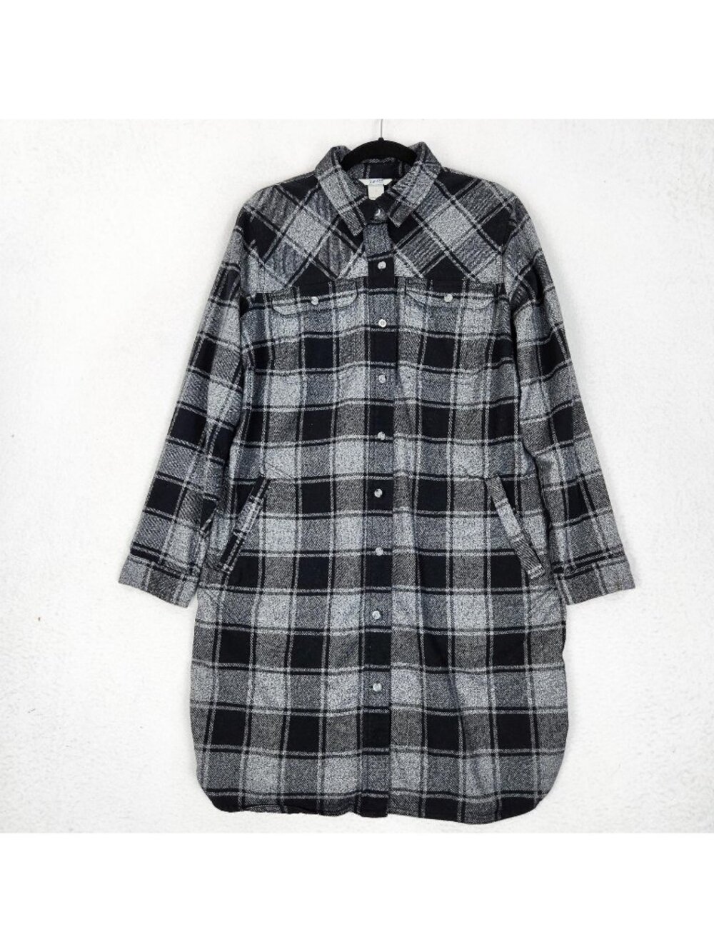Duluth Jacket Womens Large Gray Plaid Flannel Folklore Duster Shacket Casual